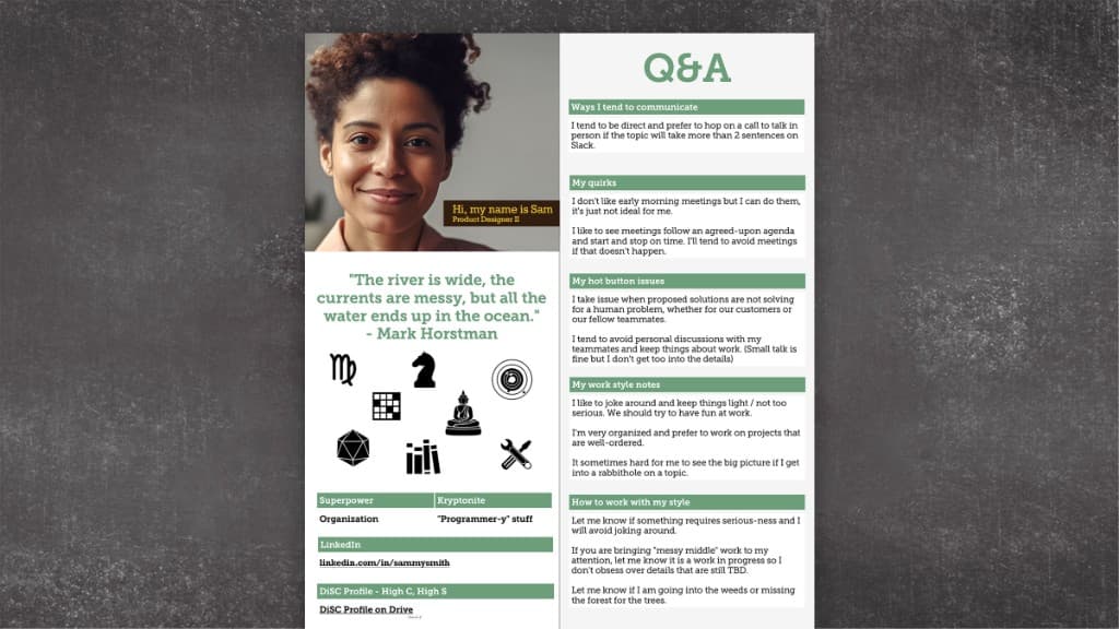 Profile-style Q&A one-pager describing a teammate's communication style and preferences