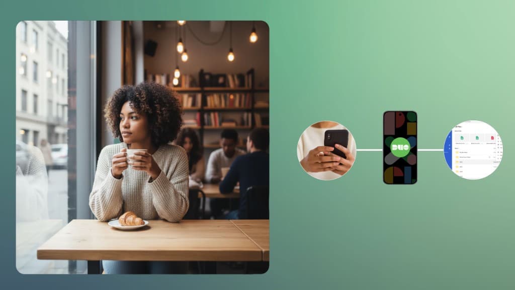 Person in a cafe using their phone before accessing work files, representing a trust check in the background