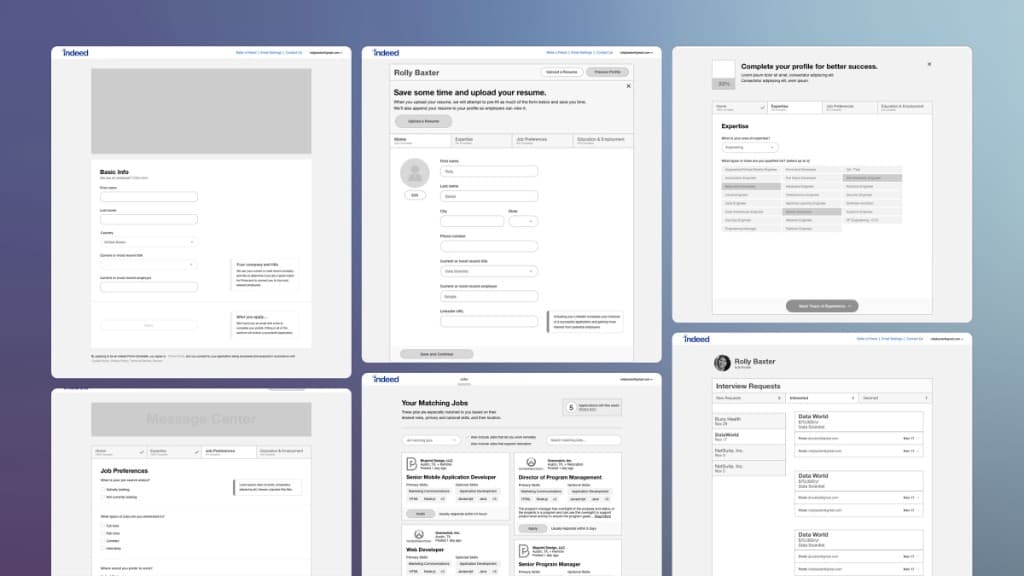 Wireframes of the redesigned application and profile journey