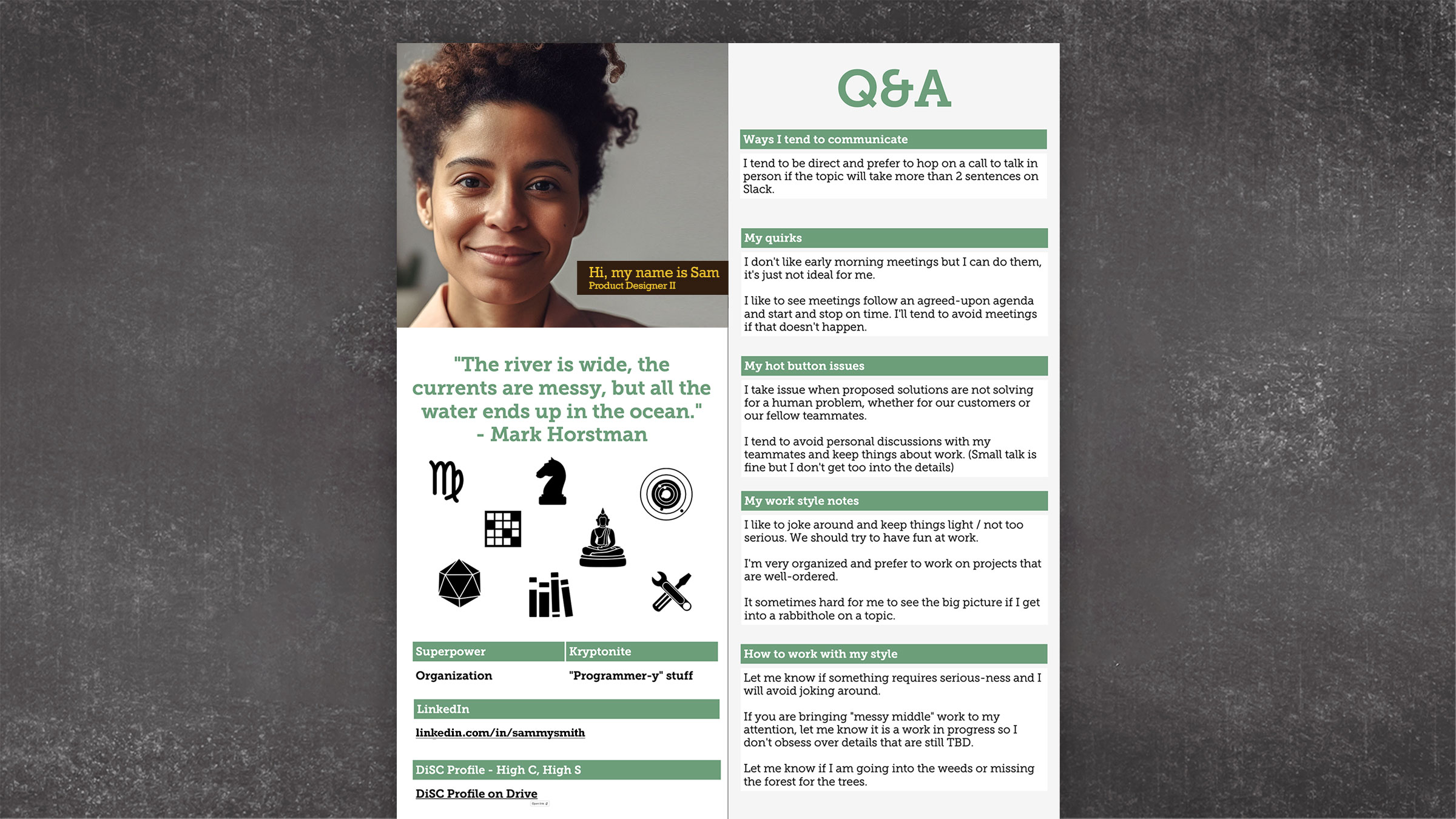Profile-style Q&A one-pager describing a teammate's communication style and preferences