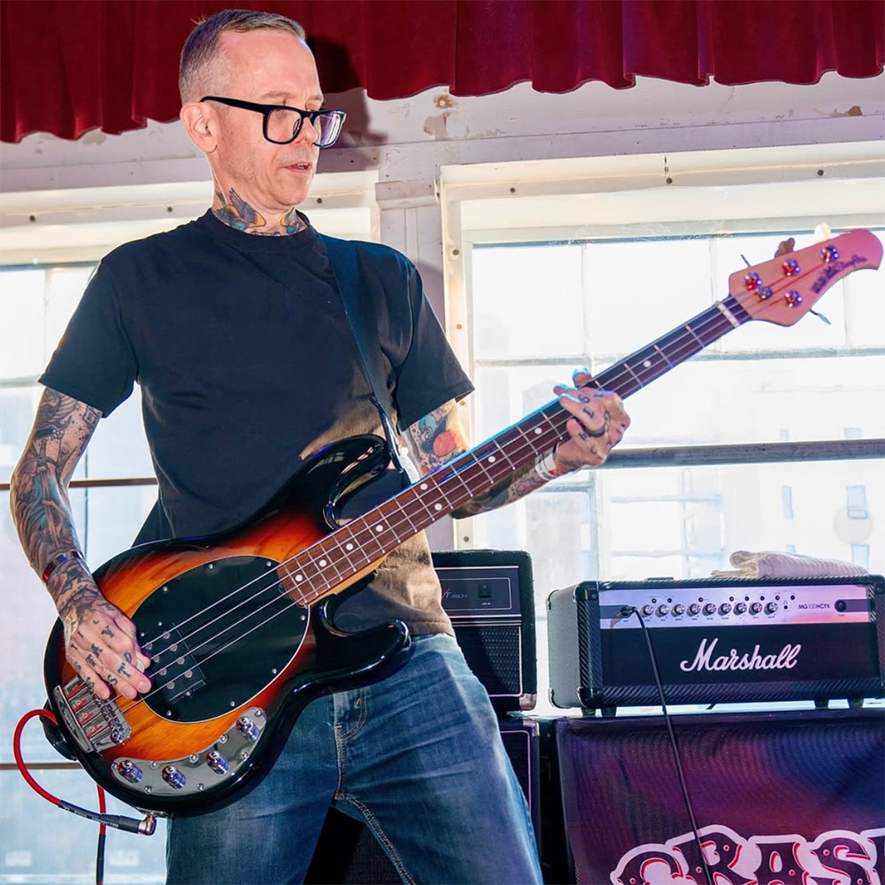 Playing bass live on stage at Crash Fest in San Francisco